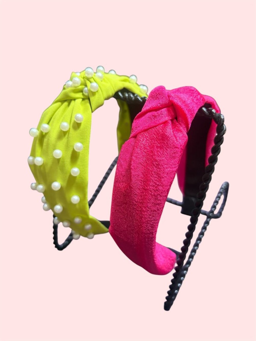 HEADBANDS SET OF 2 - LIME GREEN WITH PEARLS AND HOT PINK SATIN